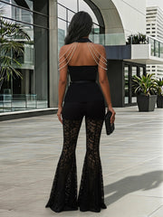 Pearl Top and Lace Flare Pants Set-boutique