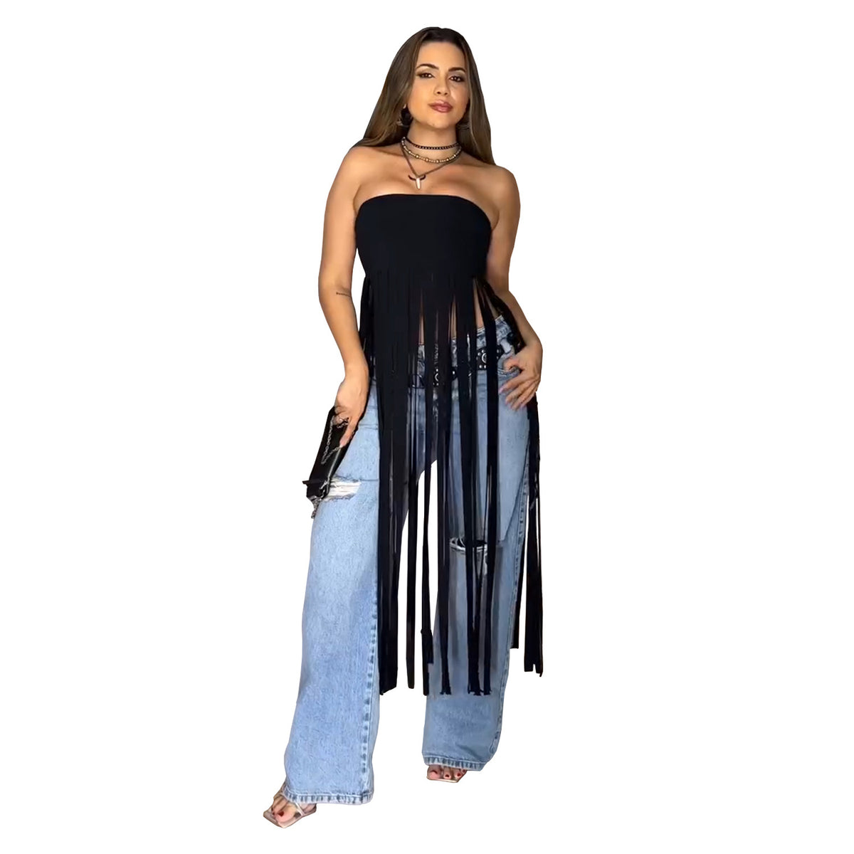 Strapless Fringe Suede Maxi Dress