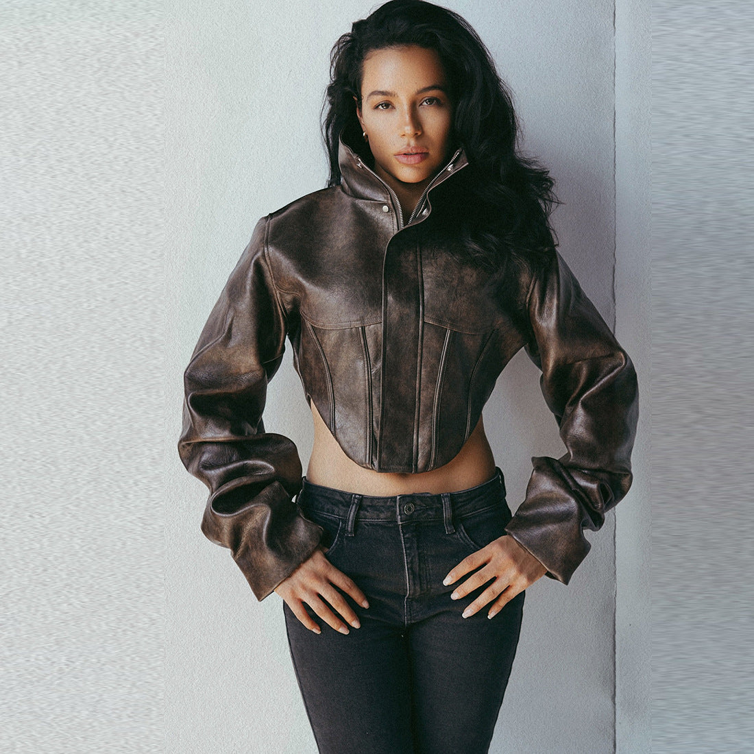 High Collar Corset Waist Faux Leather Jacket