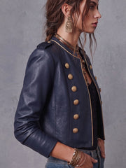 Military Button Cropped Faux Leather Jacket