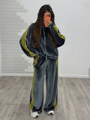 Velvet Side Stripe Zip Jacket and Wide Leg Pants Set