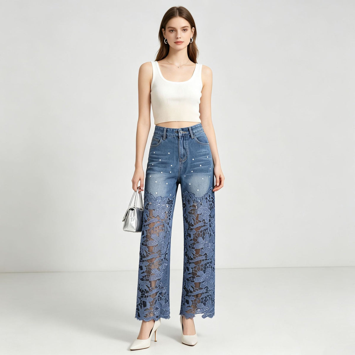 Polka Dot Lace Hem Wide Leg Jeans