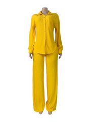 Rhinestone Pleated Shirt and Wide Leg Pants Set