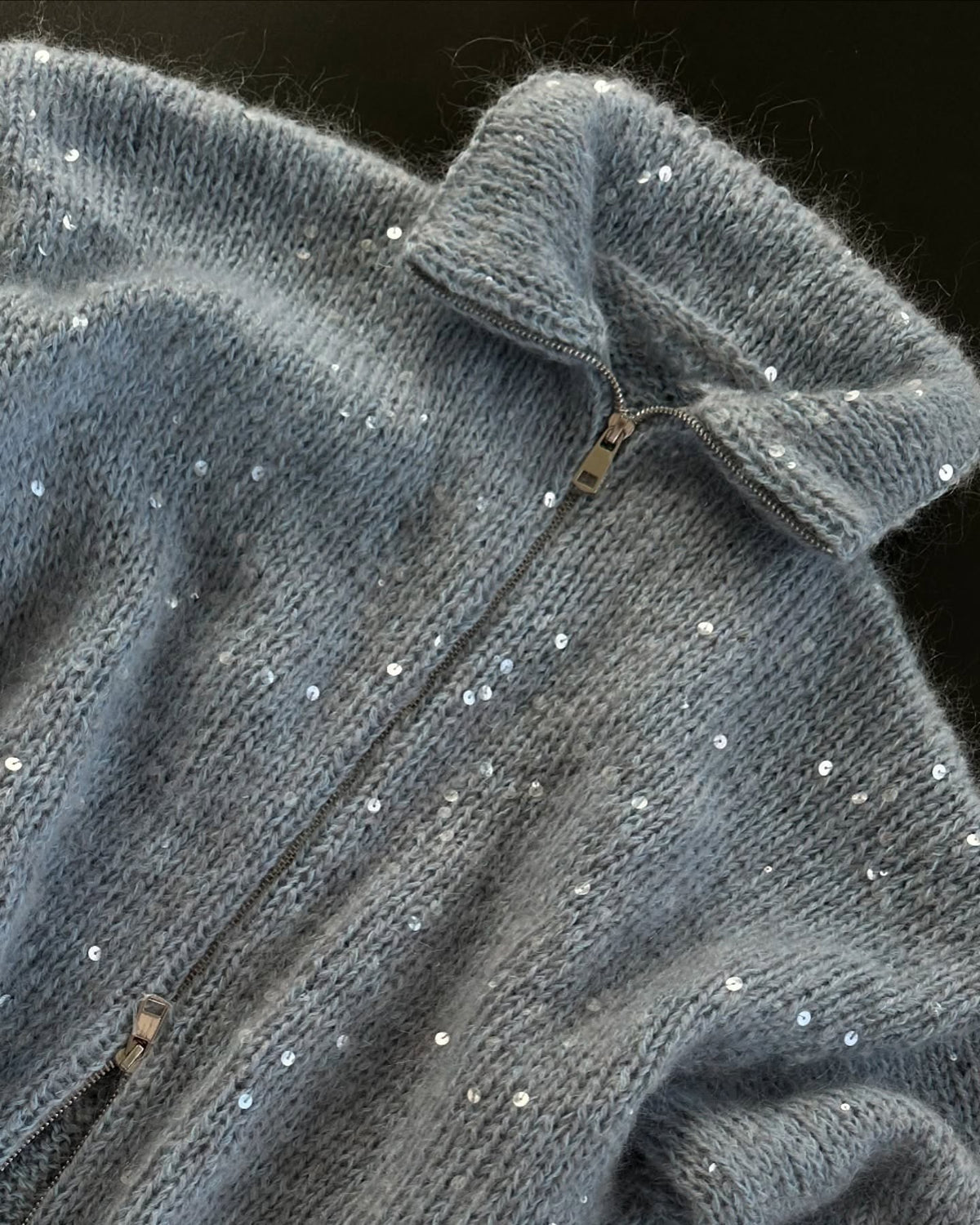 Sequin Knit Collared Zip Front Cardigan