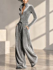Velvet Zip Front Tie Waist Wide Leg Jumpsuit