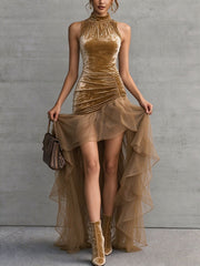 Velvet High Neck Asymmetric Tulle Hem Dress