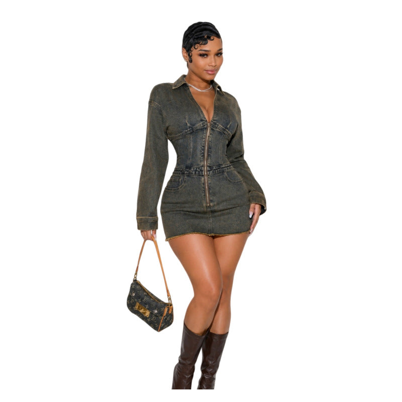 Zip Front Long Sleeve Denim Mini Dress