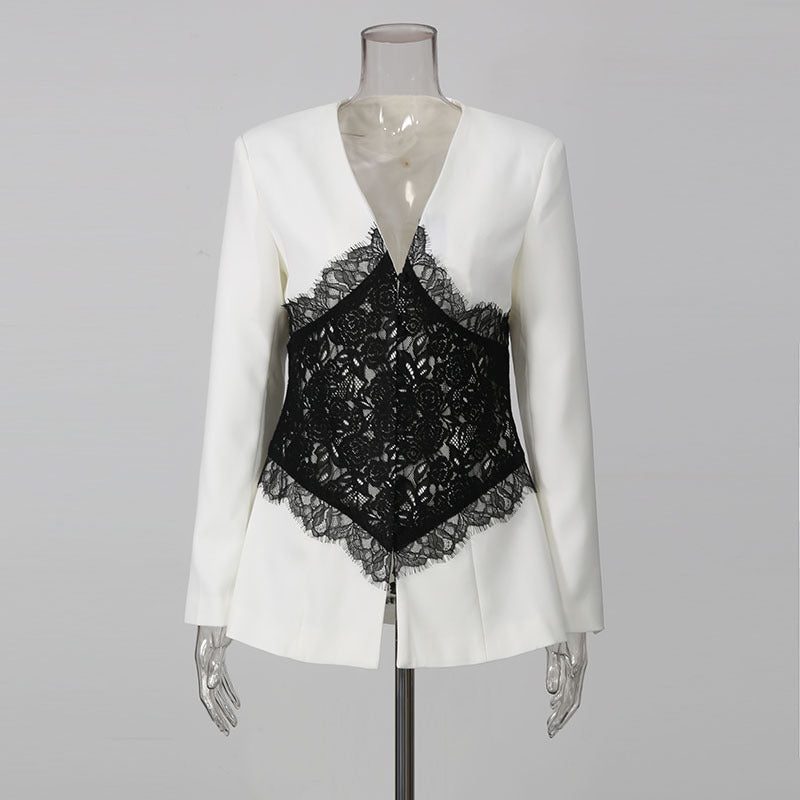 Lace Embroidered V Neck Blazer-boutique