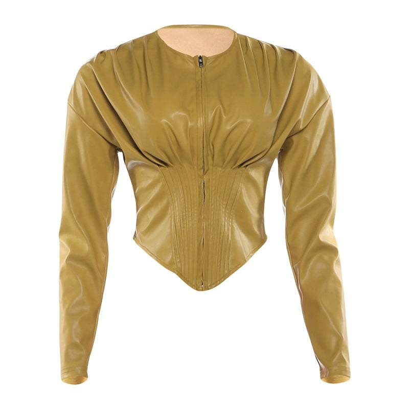Ruched Cropped PU Leather Zip Jacket