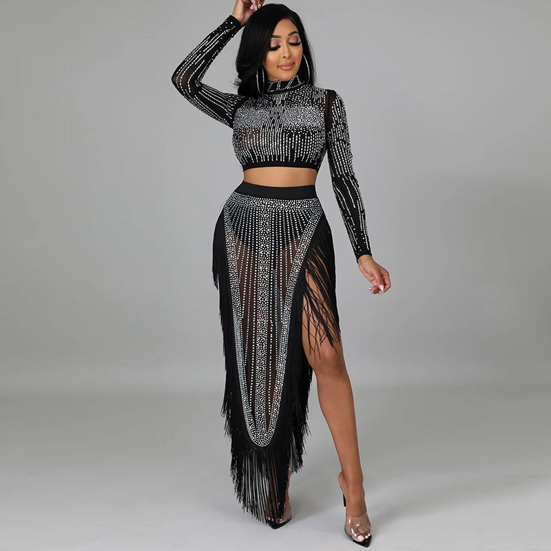 Rhinestone Sheer Mesh Top and Maxi Skirt Set
