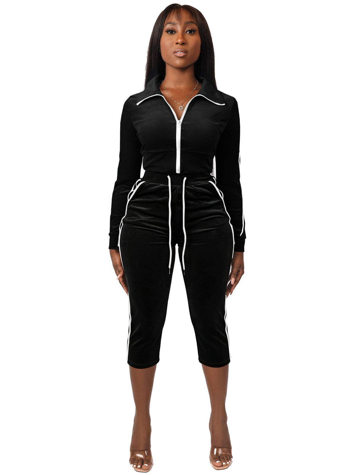 Contrast Stripe Velvet Top and Capri Pants Set