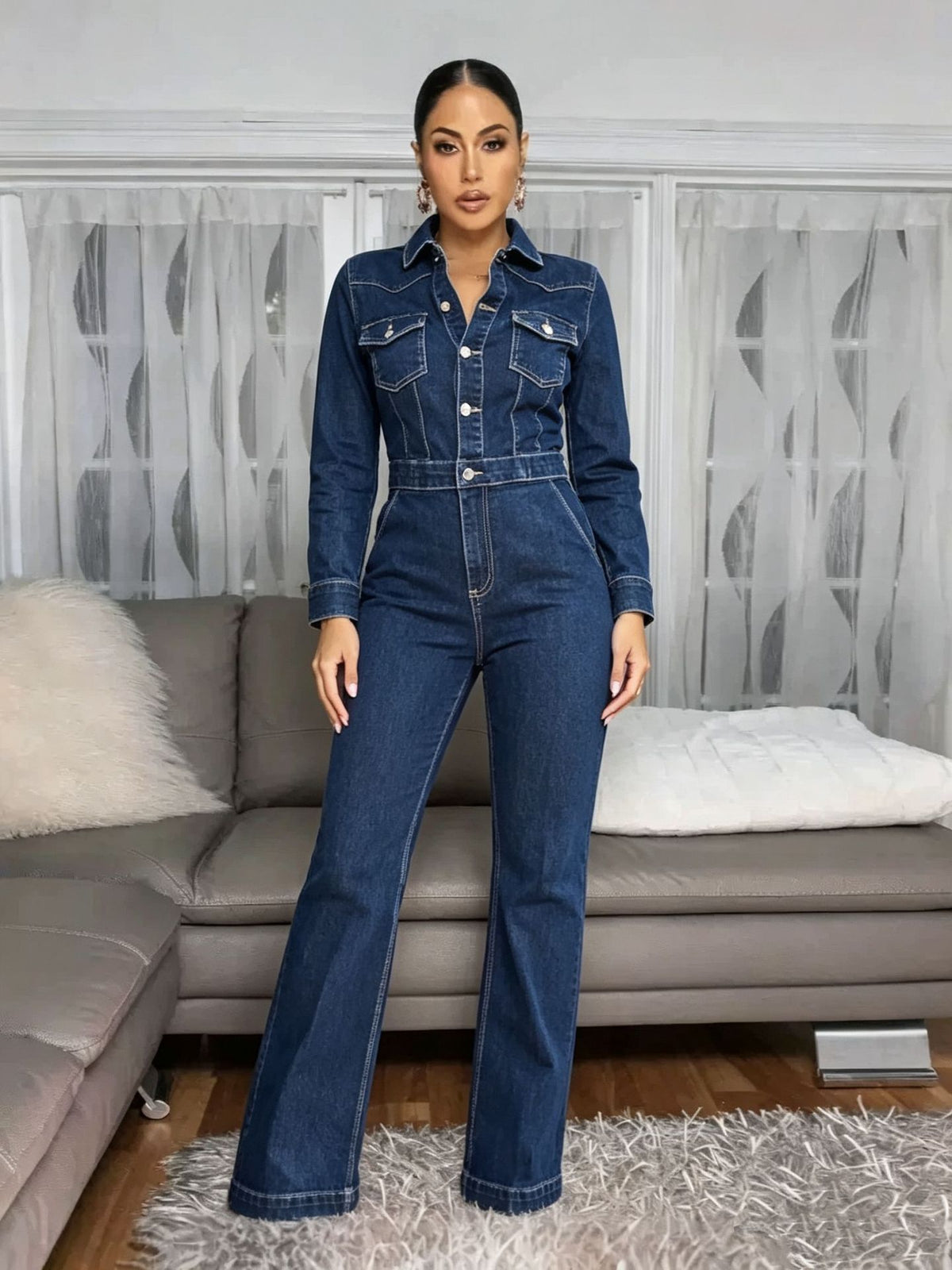 Contrast Stitch Long Sleeve Denim Jumpsuit-boutique