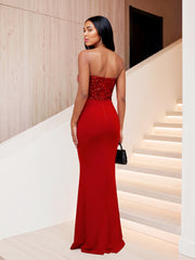 Strapless Sequin Ruched Mermaid Maxi Dress