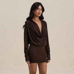 Cowl Neck Ruched Long Sleeve Mini Dress