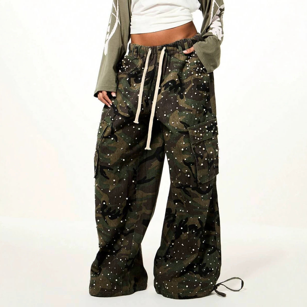 Rhinestone Pearl Camo Cargo Wide Leg Pants