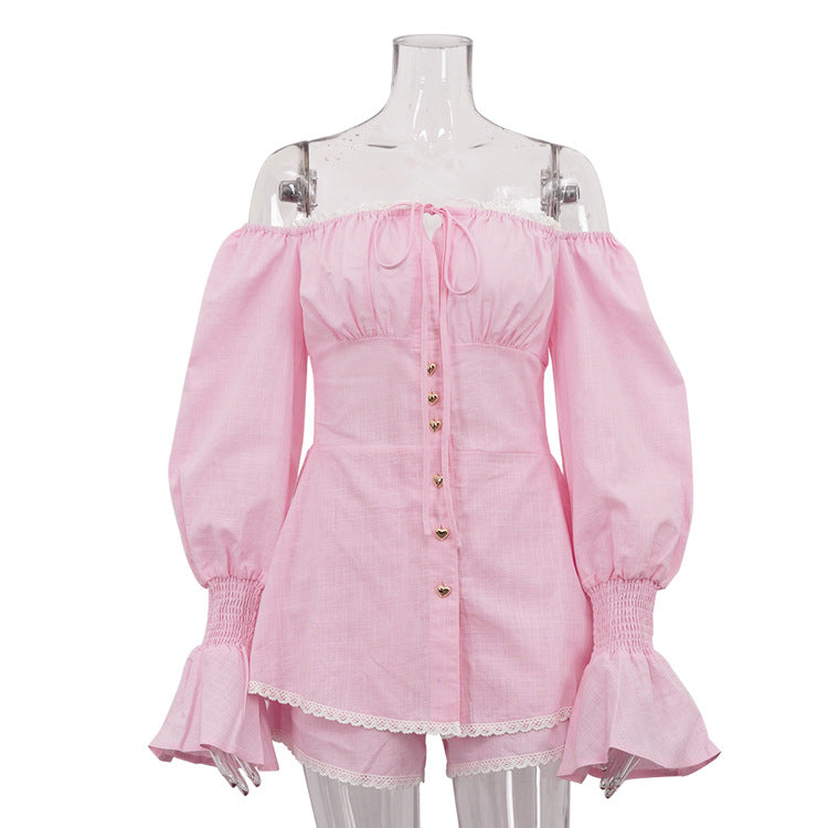 Sexy Off-Shoulder Cinched Waist Lace-Up Top Shorts Set