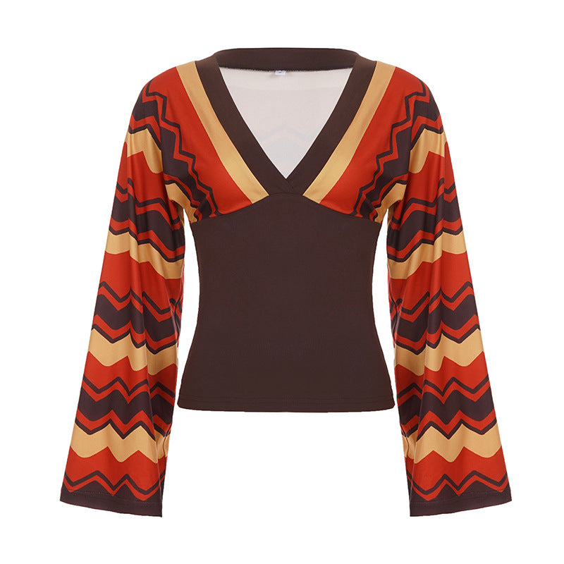 Wavy Stripe V Neck Bell Sleeve Top
