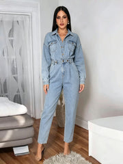 Belted Long Sleeve Straight Leg Denim Jumpsuit-boutique