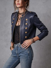 Military Button Cropped Faux Leather Jacket