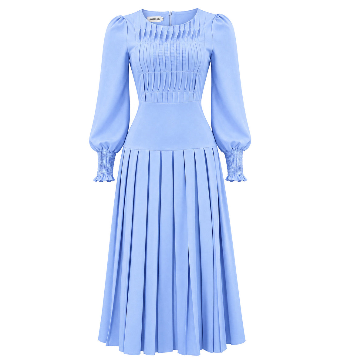 Puff Sleeve Textured Bodice Pleated Midi Dress