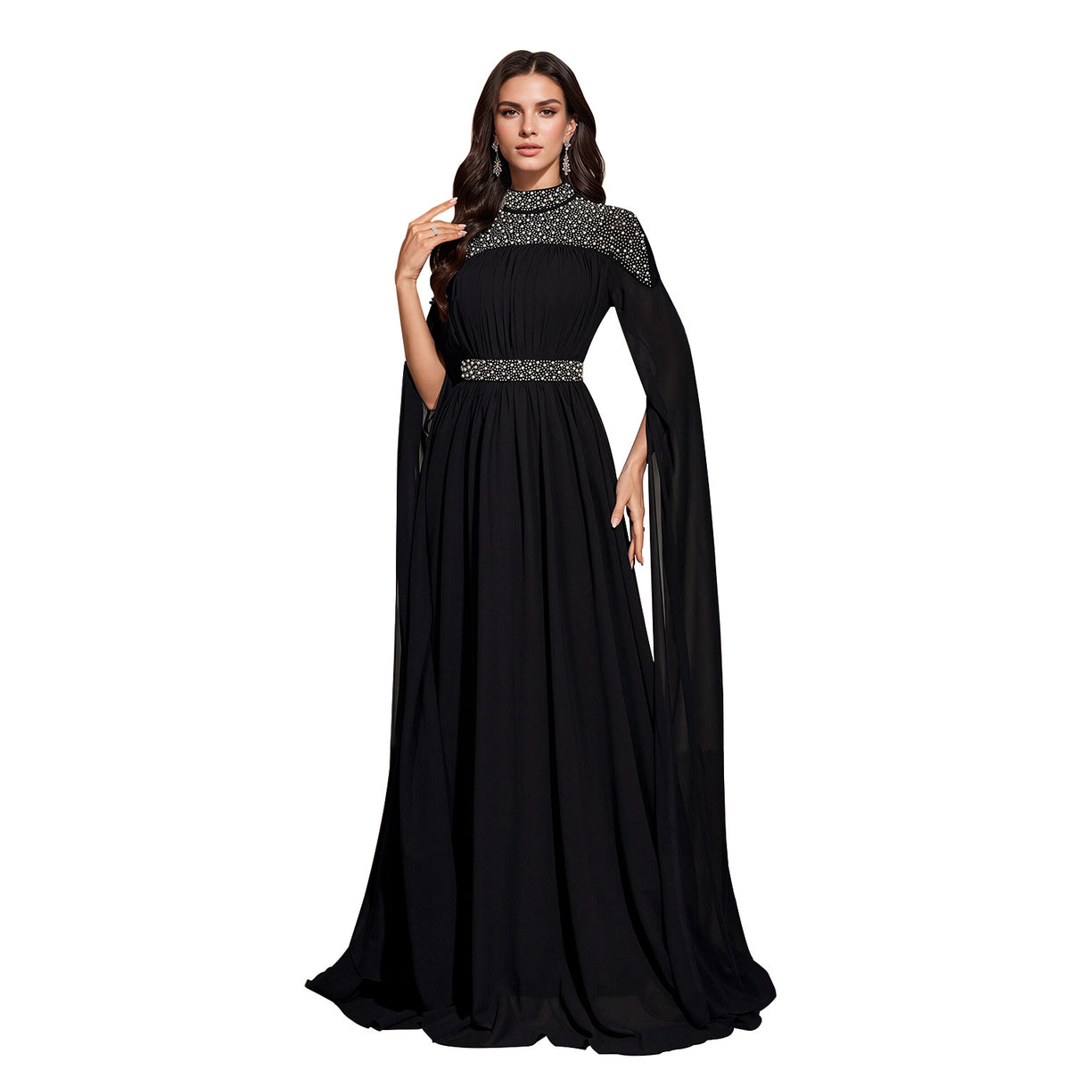 Embellished High Neck Cape Sleeve Maxi Dress