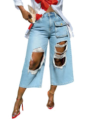Distressed Gradient Wide Leg Cropped Jeans
