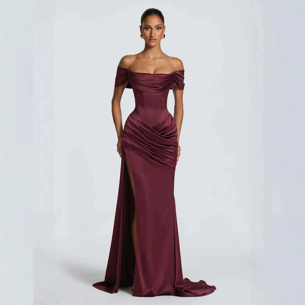 Off Shoulder Ruched Satin Slit Maxi Dress