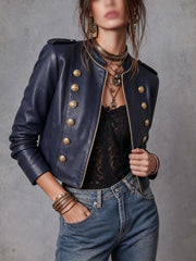 Military Button Cropped Faux Leather Jacket