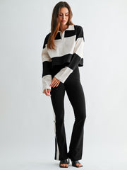 Color Block Polo Top and Flare Pants Set