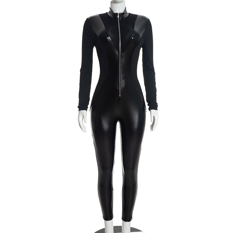 Zip Front Long Sleeve Faux Leather Panel Jumpsuit