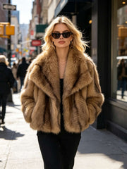 Wide Collar Striped Faux Fur Jacket