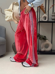 Velvet Side Stripe Drawstring Wide Leg Pants