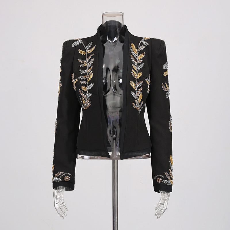 Beaded Embroidered Cropped Black Blazer-boutique