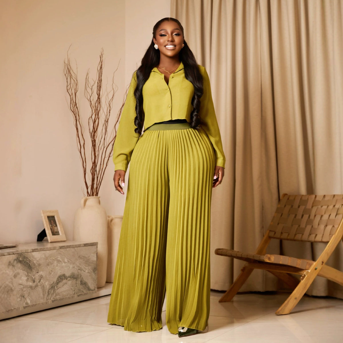 Cropped Shirt and Pleated Pants Set