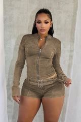 Zip Denim Jacket and Belted Shorts Set