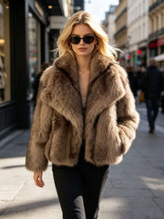 Wide Collar Striped Faux Fur Jacket