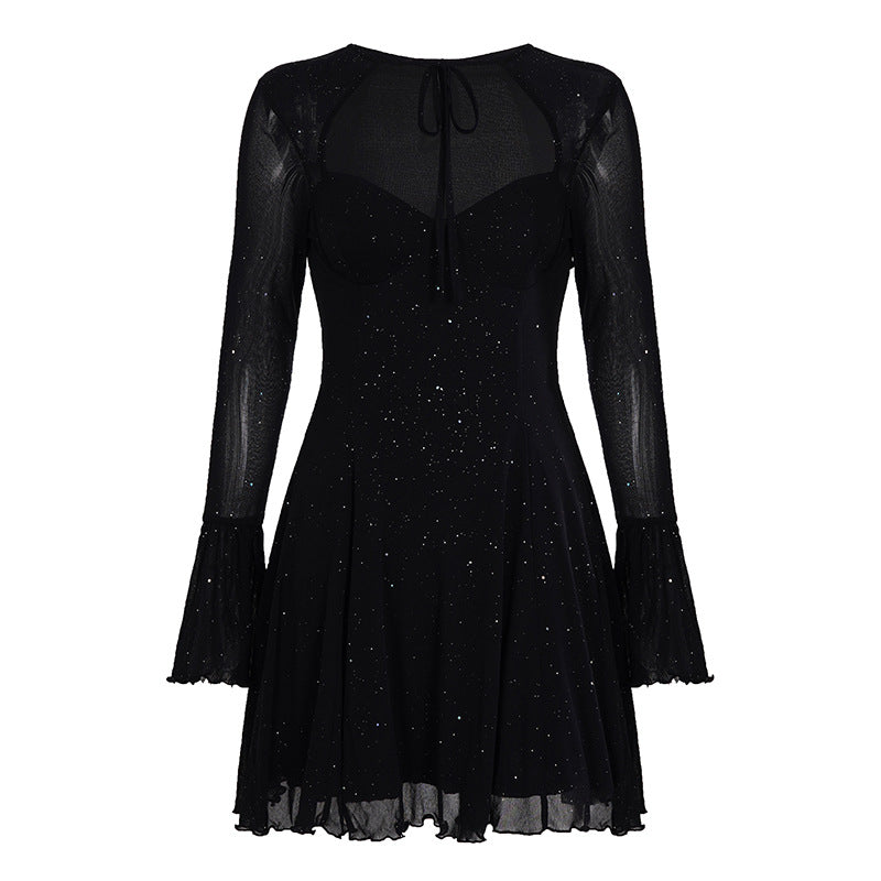 Glitter Mesh Tie Neck A Line Mini Dress