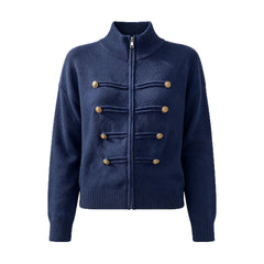 Button Trim Stand Collar Zip Knit Cardigan