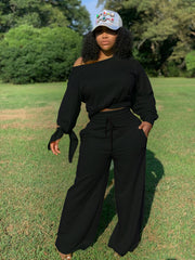 Tie Sleeve Crew Neck Top and Pants Set