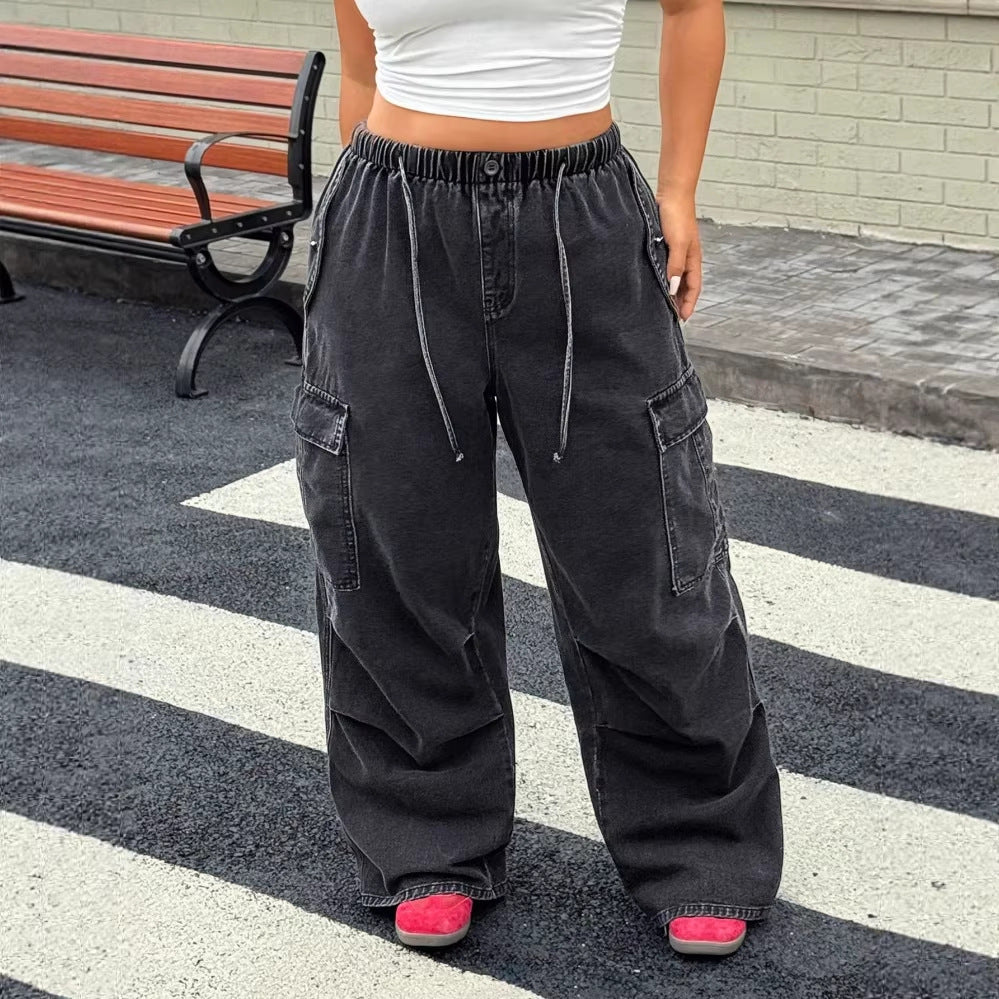 Plus Size Drawstring Wide Leg Denim Cargo Pants