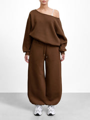 One Shoulder Sweatshirt and Wide Leg Pants Set