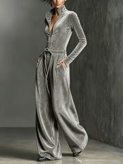 Velvet Zip Front Tie Waist Wide Leg Jumpsuit