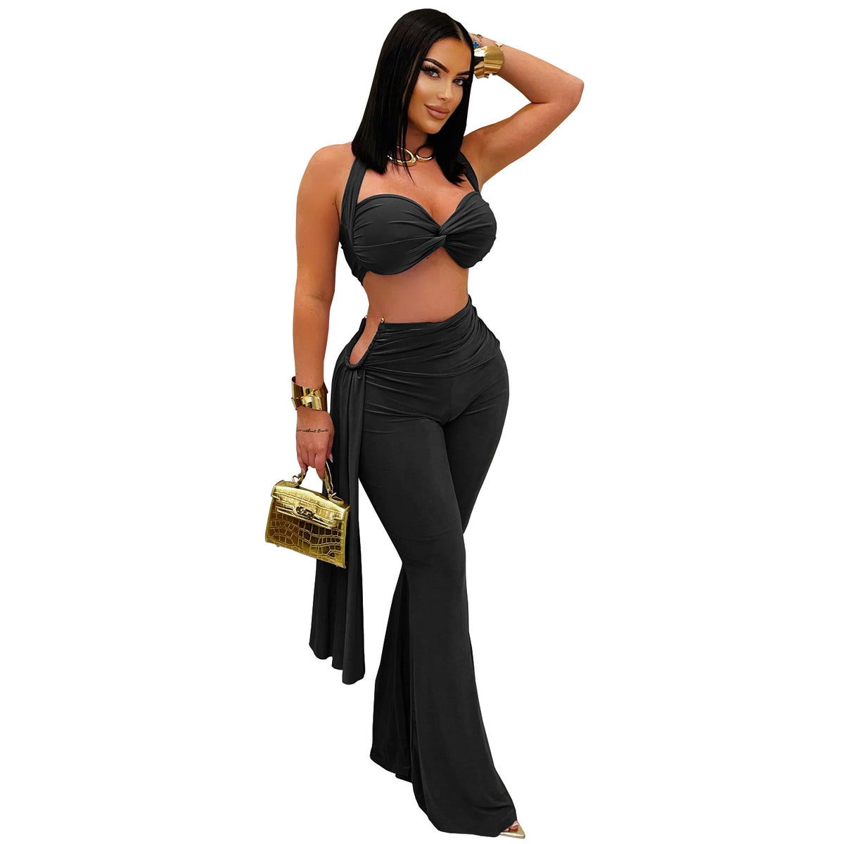 Twist Halter Top and Ruched Flared Pants Set