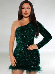 One Shoulder Sequin Feather Trim Mini Dress
