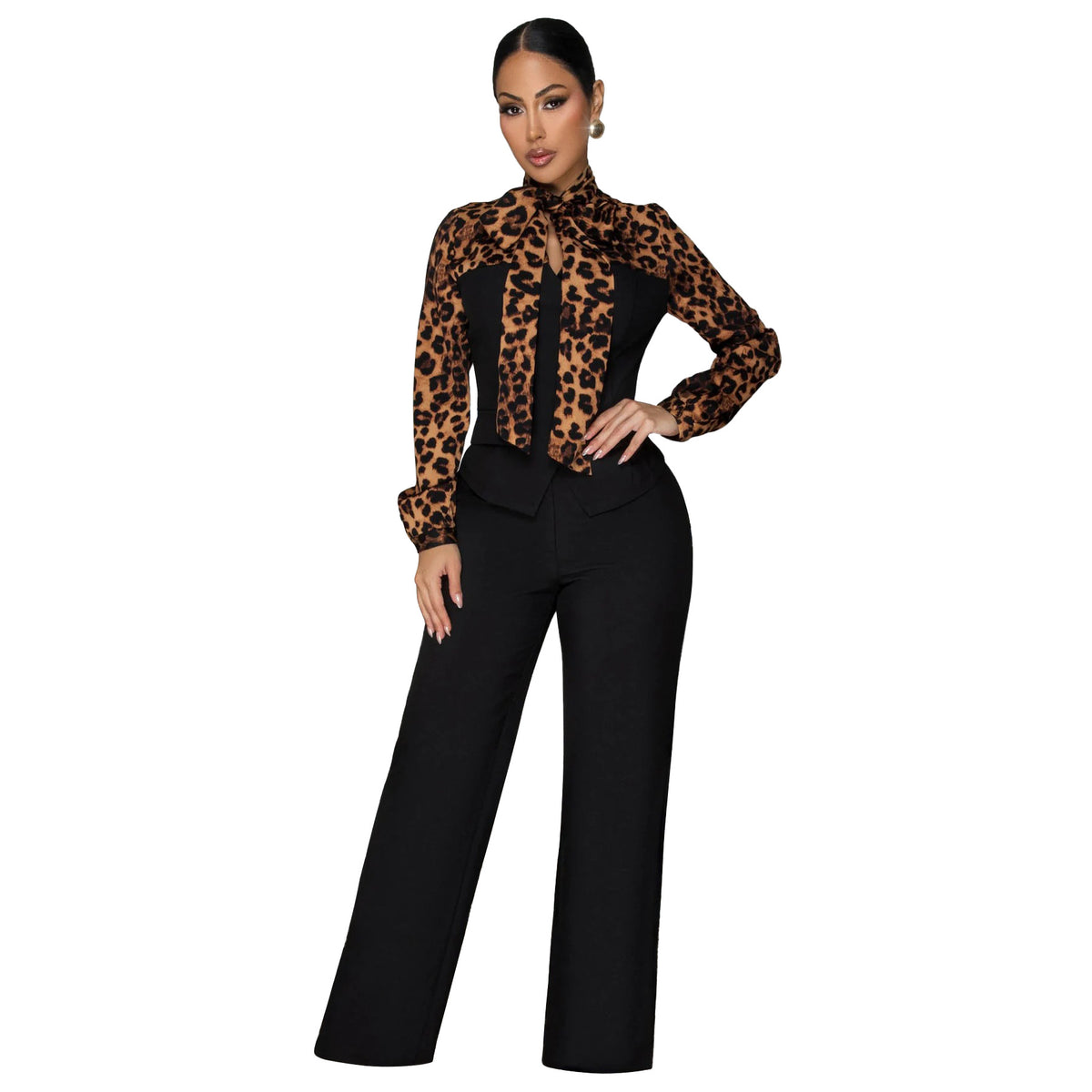 Women's Leopard Tie Neck Blouse and Pants Set