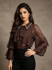 Rhinestone Lace Ruffle Collar Blouse-boutique