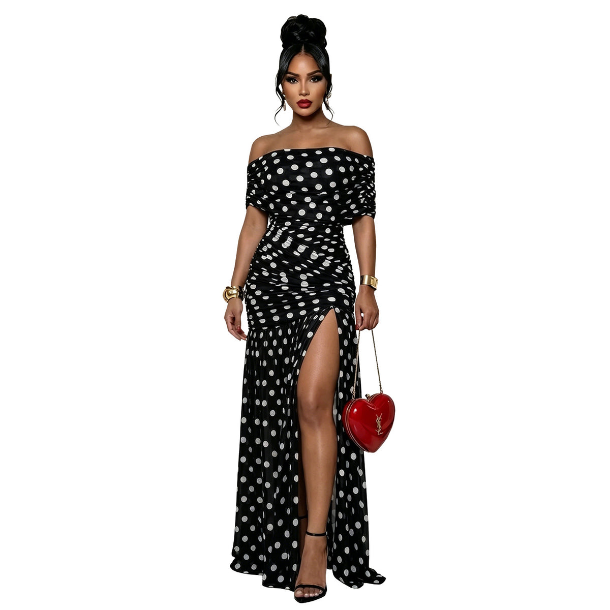 Polka Dot Ruched Slit Vacation Dress