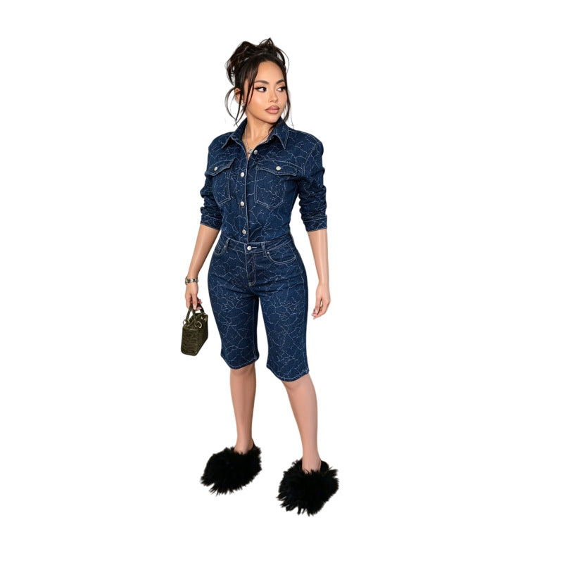 Patterned Denim Jacket and Bermuda Shorts Set