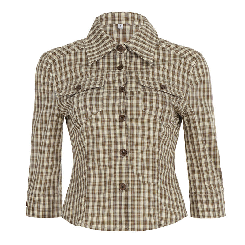 Casual Plaid Print Cinched Waist Button-Up Shirt Top