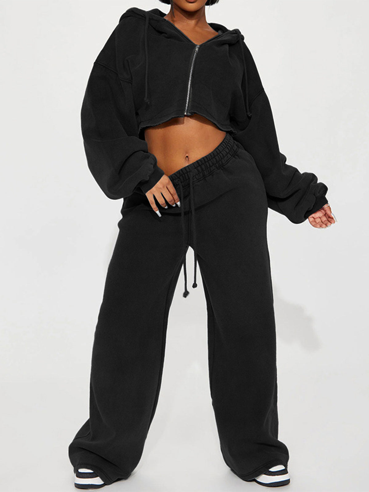 Puff Sleeve Crop Hoodie and Wide Leg Pants Set